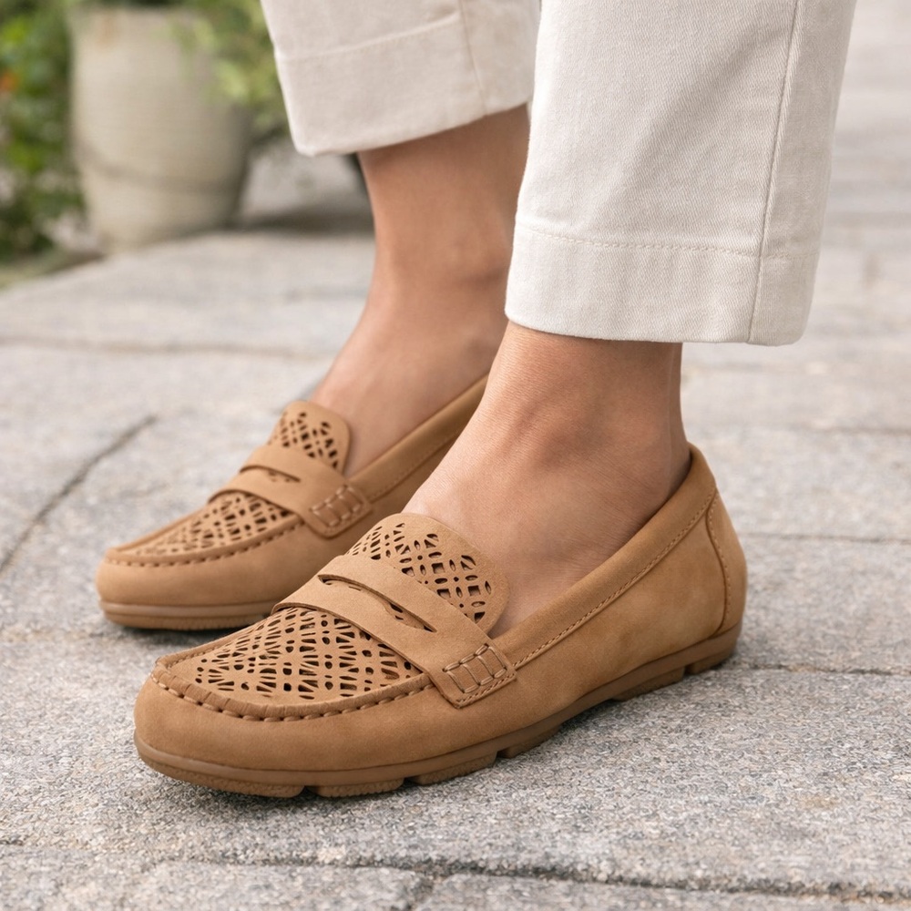 Earth Cutout Perforated Suede Remi Penny Loafers Comfort Flats Tan 5M